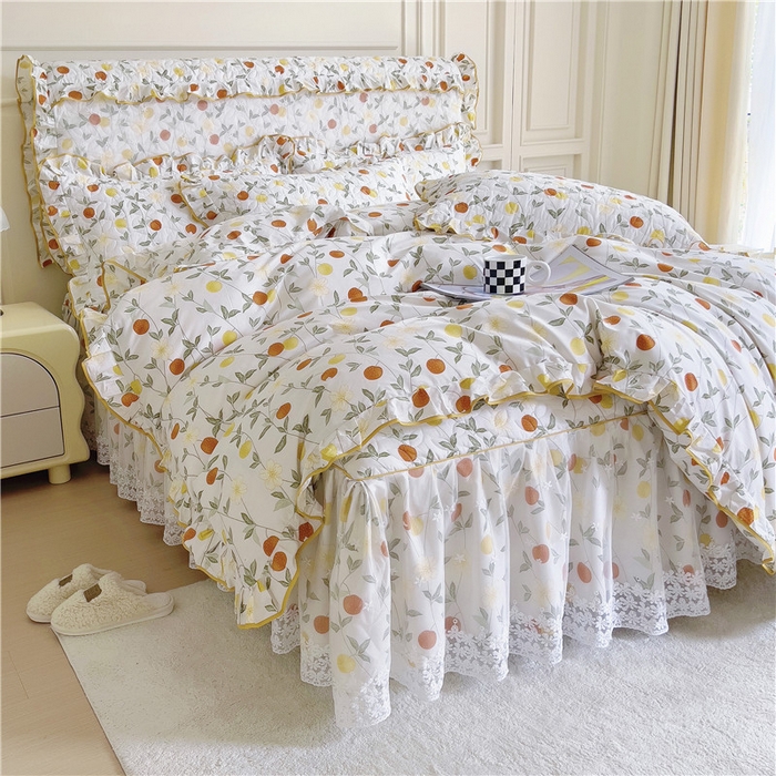 91家纺网 家纺一手货源 找家纺 十个点 2024新款印花夹棉蕾丝四件套 橙意