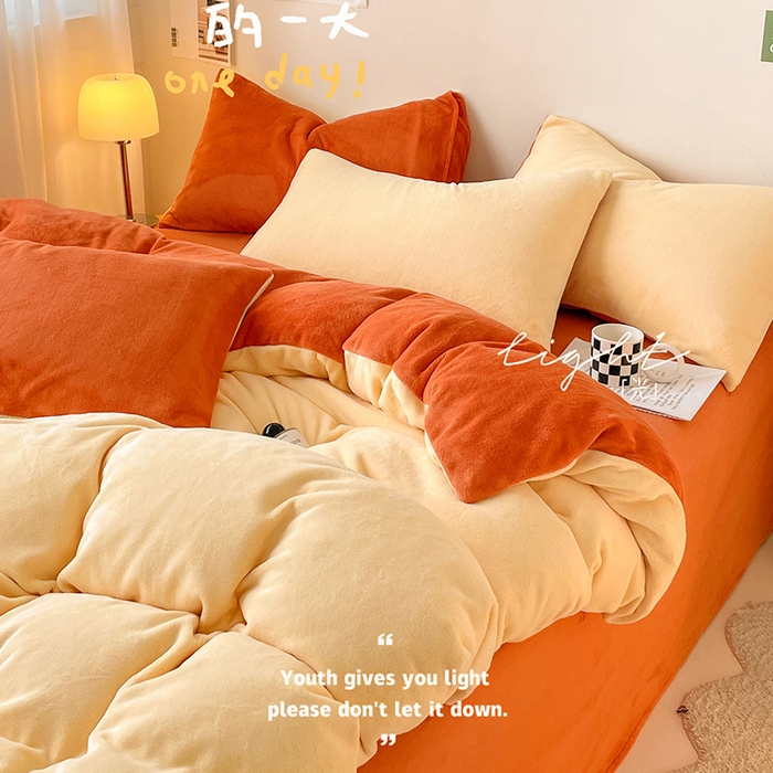 91家纺网 家纺一手货源 找家纺 眠帛家居 2023新款加厚牛奶绒双拼四件套 奶黄-焦糖