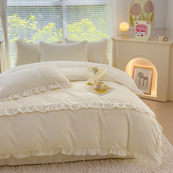 91家纺网 家纺一手货源 找家纺 （总）金米诺 2024新款加厚保暖韩式双层花边玫瑰兔绒系列四件套