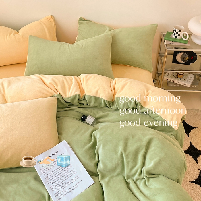 91家纺网 家纺一手货源 找家纺 眠帛家居 2023新款加厚牛奶绒双拼四件套 果绿-奶黄