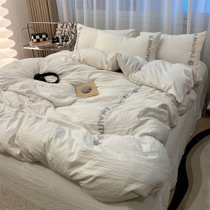 91家纺网 家纺一手货源 找家纺 （总）凯洛奇2023新款山楂花系列纯色水洗棉刺绣四件套床单床笠款