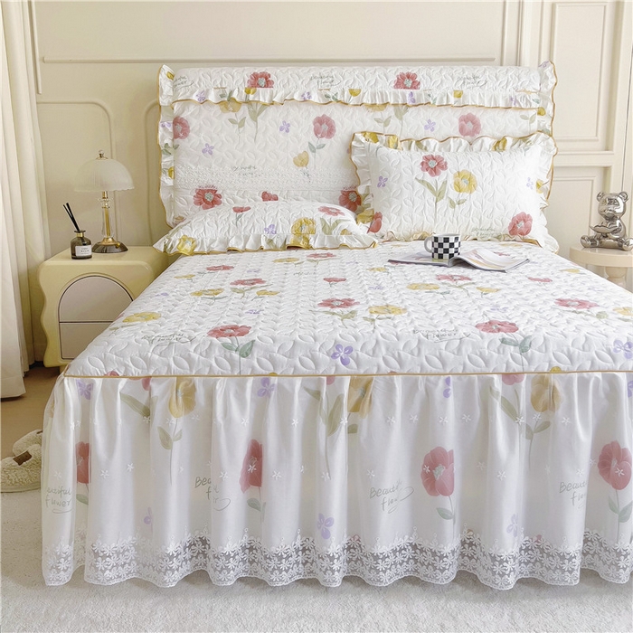 91家纺网 家纺一手货源 找家纺 十个点 2024新款印花夹棉蕾丝单床裙-玲珑 素锦