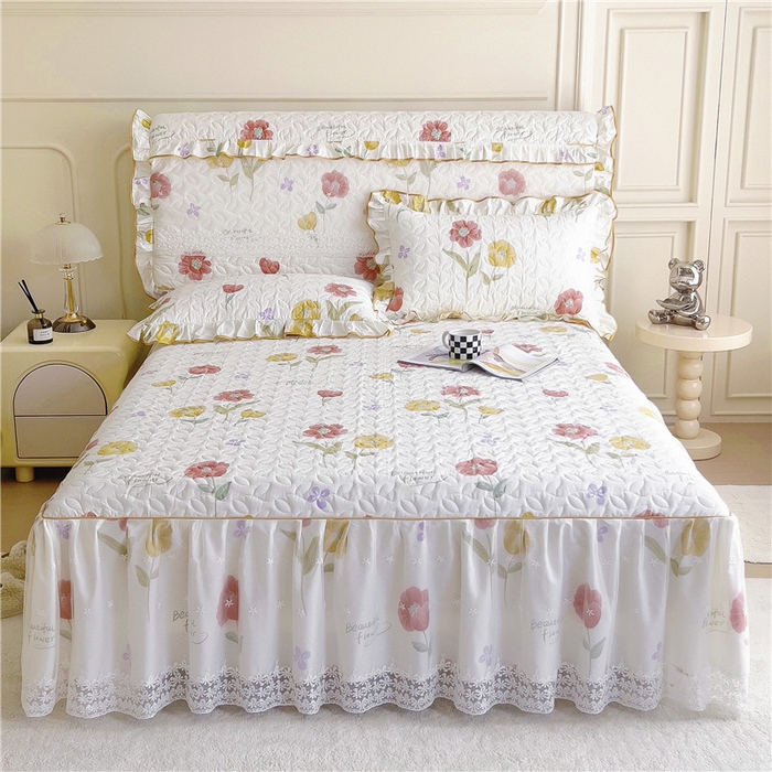 91家纺网 家纺一手货源 找家纺 十个点 2024新款印花夹棉蕾丝单床裙-玲珑 素锦