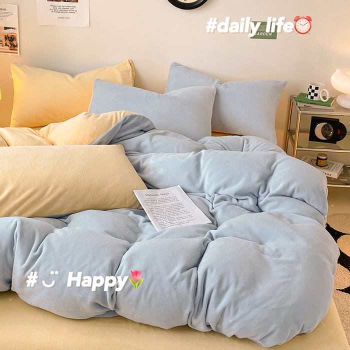 91家纺网 家纺一手货源 找家纺 眠帛家居 2023新款加厚牛奶绒双拼四件套 天空蓝-奶黄