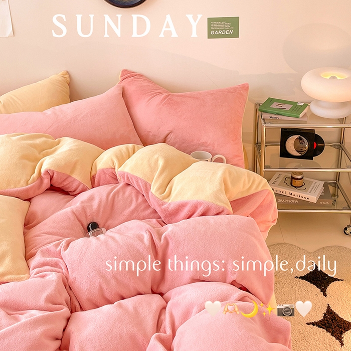 91家纺网 家纺一手货源 找家纺 眠帛家居 2023新款加厚牛奶绒双拼四件套 奶油粉-奶黄