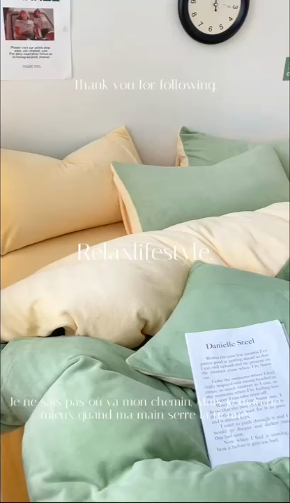 91家纺网 家纺一手货源 找家纺 眠帛家居 2023新款加厚牛奶绒双拼四件套 果绿-奶黄