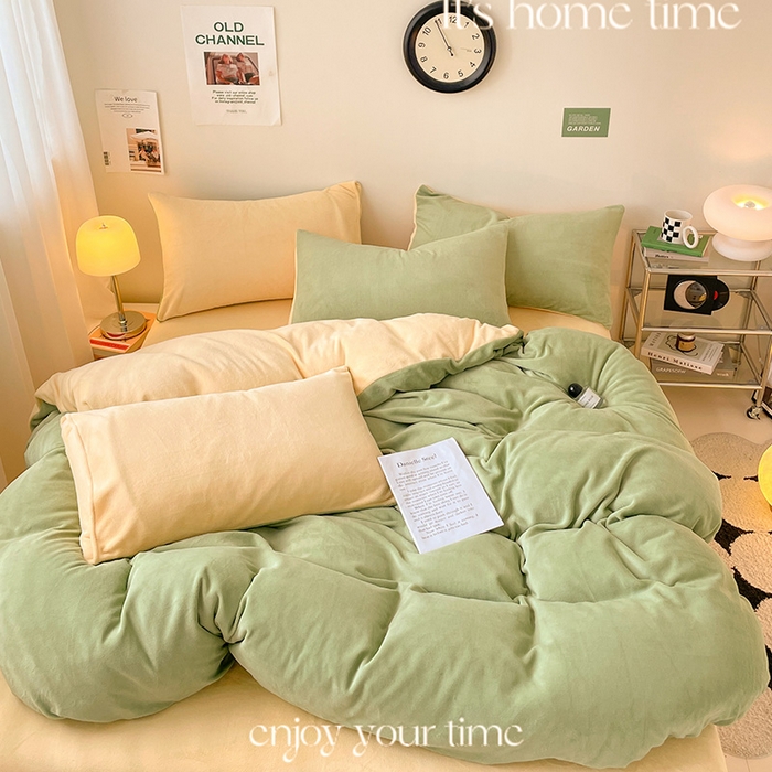 91家纺网 家纺一手货源 找家纺 眠帛家居 2023新款加厚牛奶绒双拼四件套 果绿-奶黄