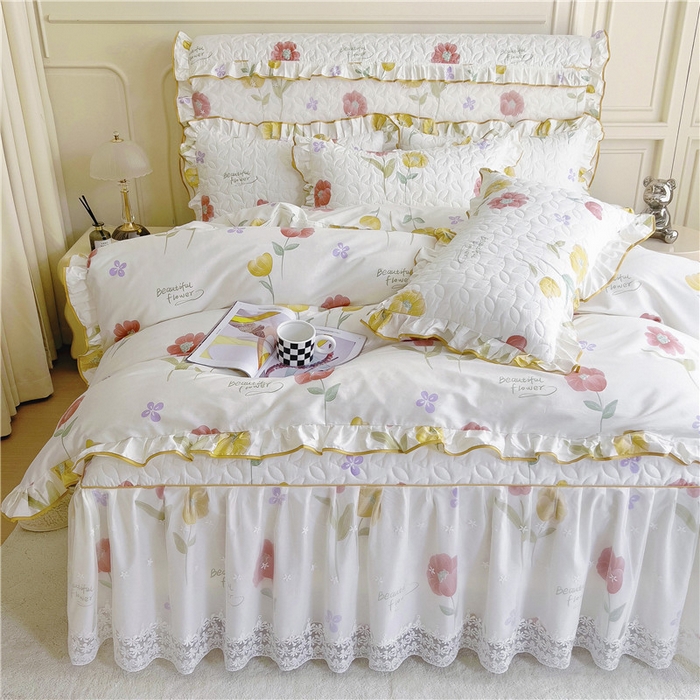 91家纺网 家纺一手货源 找家纺 十个点 2024新款印花夹棉蕾丝四件套 素锦