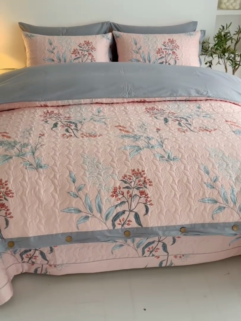 91家纺网 家纺一手货源 找家纺 优乐家纺 2023新款夹棉绗缝套件及单品系列-四件套  晗蕊初开-粉