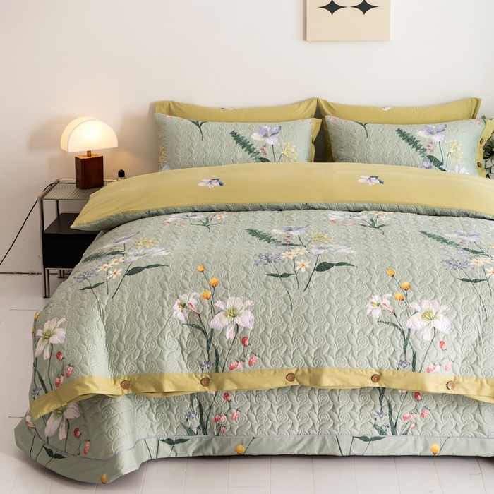 91家纺网 家纺一手货源 找家纺 优乐家纺 2023新款夹棉绗缝套件及单品系列-四件套  晗蕊初开-绿