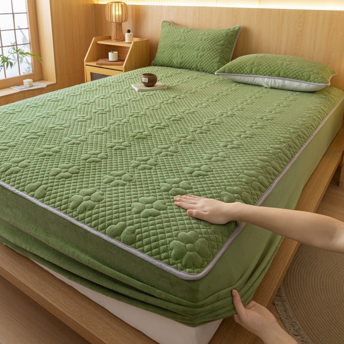 91家纺网 家纺一手货源 找家纺 给笠 2023新款A类夹棉牛奶绒床笠三件套 花漫系列 牛奶绒-花漫豆绿