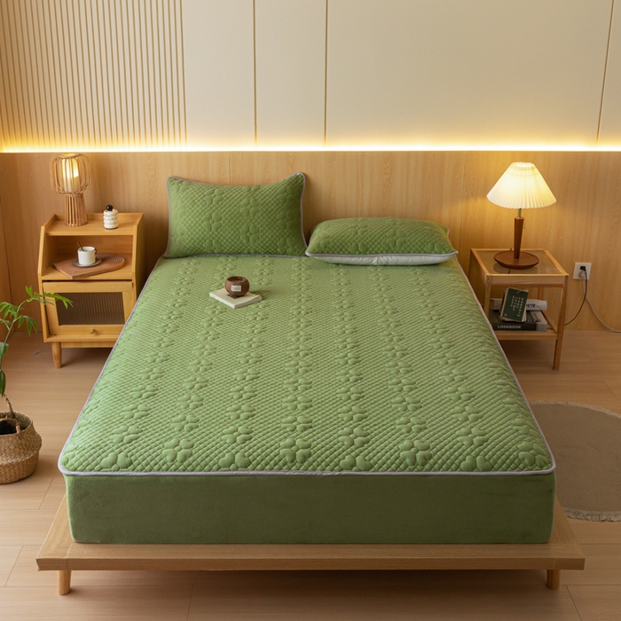 91家纺网 家纺一手货源 找家纺 给笠 2023新款A类夹棉牛奶绒床笠三件套 花漫系列 牛奶绒-花漫豆绿