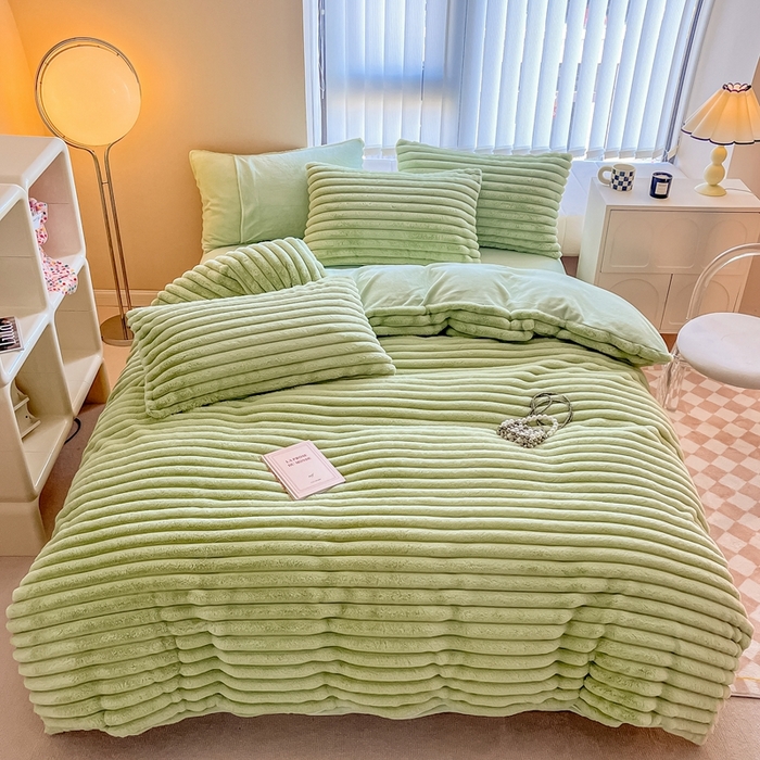 91家纺网 家纺一手货源 找家纺 慕尚家纺 2025新款抽条兔毛四件套 安雅-抹茶绿