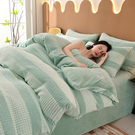 2023新款无印风兔绒泰迪绒拼接款四件套 静逸-水绿