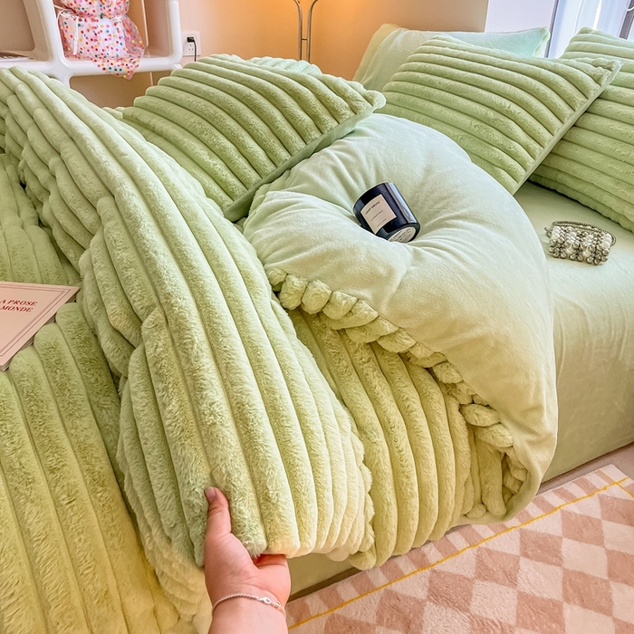 91家纺网 家纺一手货源 找家纺 慕尚家纺 2025新款抽条兔毛四件套 安雅-抹茶绿