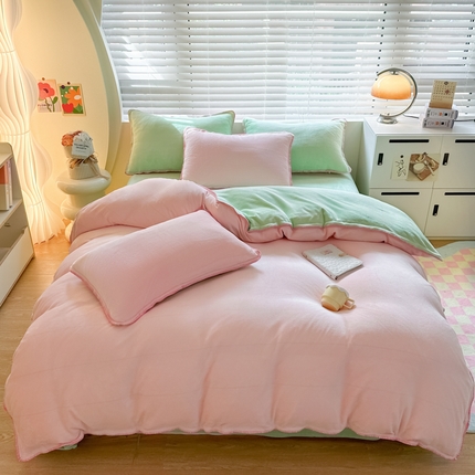 安哆啦 2024新款高克重牛奶绒混搭四件套 粉拼绿