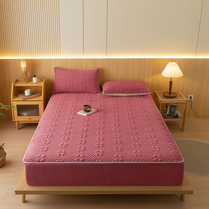 91家纺网 家纺一手货源 找家纺 给笠2023新款A类夹棉牛奶绒床笠三件套 花漫系列 牛奶绒-花漫西瓜红