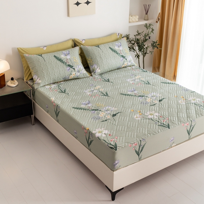 91家纺网 家纺一手货源 找家纺 优乐家纺 2023新款夹棉绗缝套件及单品系列-单床笠 晗蕊初开-绿