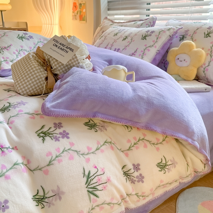 91家纺网 家纺一手货源 找家纺 安哆啦 2024新款高克重牛奶绒混搭四件套 春天里