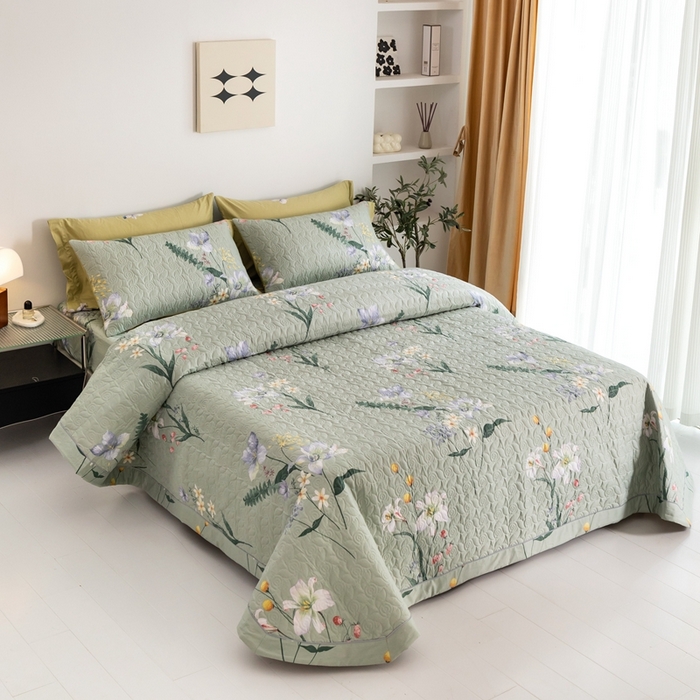 91家纺网 家纺一手货源 找家纺 优乐家纺 2023新款夹棉绗缝套件及单品系列-单床盖 晗蕊初开-绿