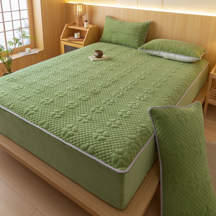 91家纺网 家纺一手货源 找家纺 给笠 2023新款A类夹棉牛奶绒床笠三件套 花漫系列 牛奶绒-花漫豆绿