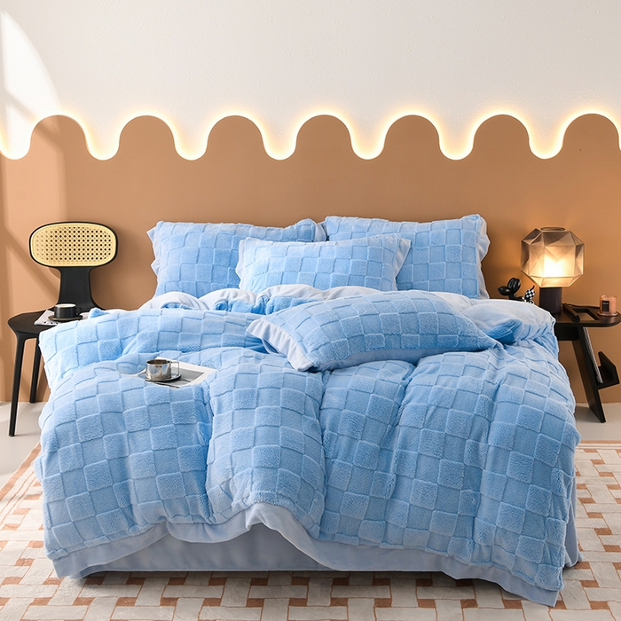 91家纺网 家纺一手货源 找家纺 澳梵家居 2023新款轻奢款宽边塔芙绒四件套 格调-天蓝