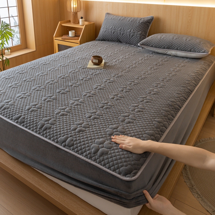 91家纺网 家纺一手货源 找家纺 给笠 2023新款A类夹棉牛奶绒床笠三件套 花漫系列 牛奶绒-花漫雅灰