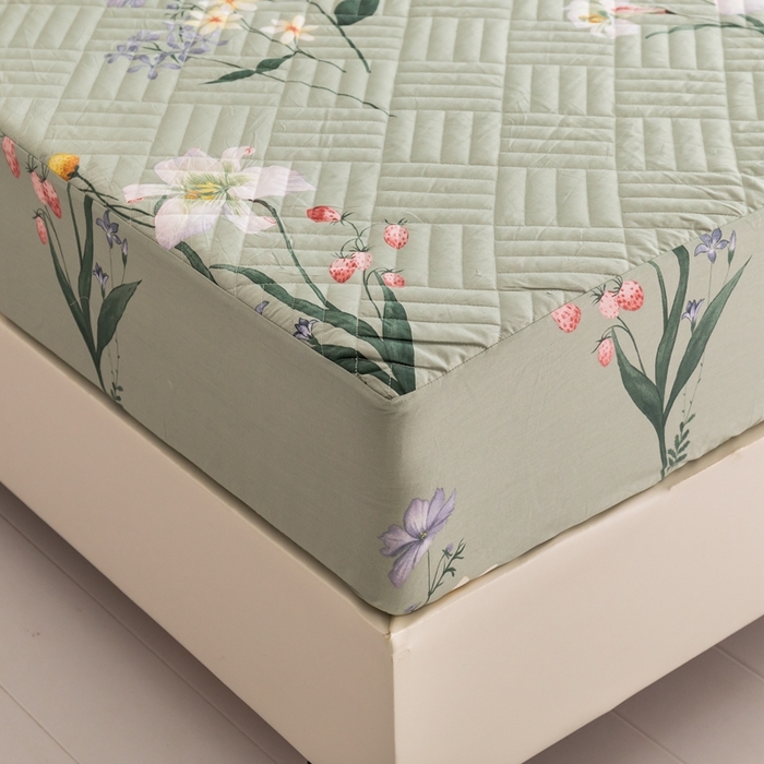 91家纺网 家纺一手货源 找家纺 优乐家纺 2023新款夹棉绗缝套件及单品系列-单床笠 晗蕊初开-绿