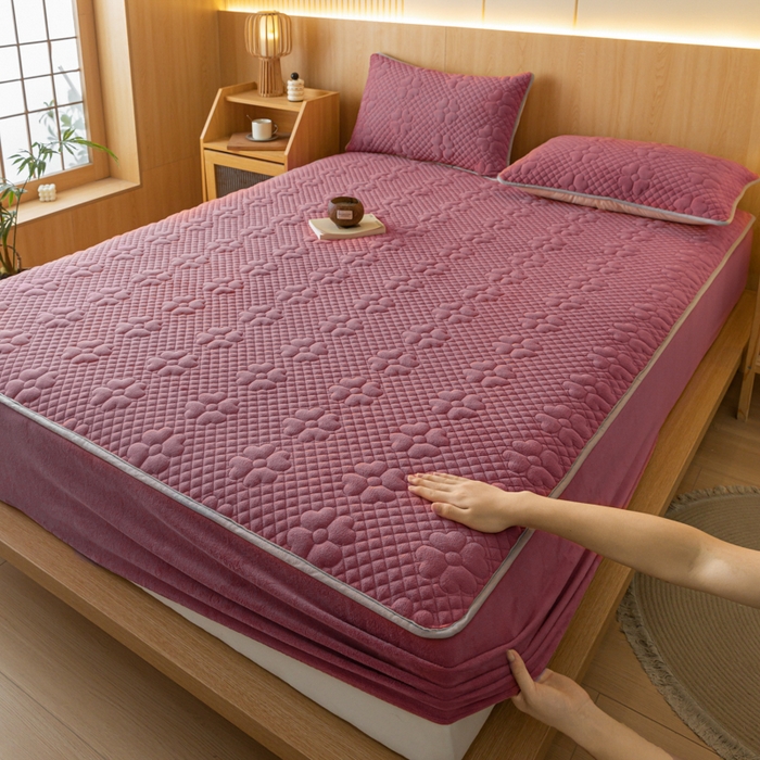 91家纺网 家纺一手货源 找家纺 给笠 2023新款A类夹棉牛奶绒床笠三件套 花漫系列 牛奶绒-花漫豆沙