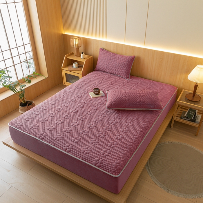 91家纺网 家纺一手货源 找家纺 给笠 2023新款A类夹棉牛奶绒床笠三件套 花漫系列 牛奶绒-花漫豆沙