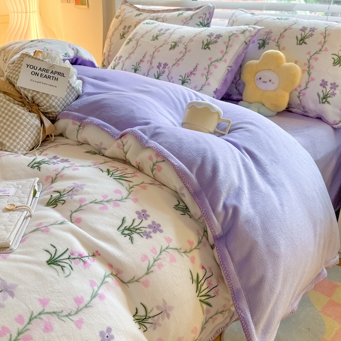 91家纺网 家纺一手货源 找家纺 安哆啦 2024新款高克重牛奶绒混搭四件套 春天里