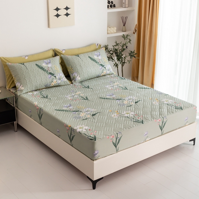 91家纺网 家纺一手货源 找家纺 优乐家纺 2023新款夹棉绗缝套件及单品系列-单床笠 晗蕊初开-绿