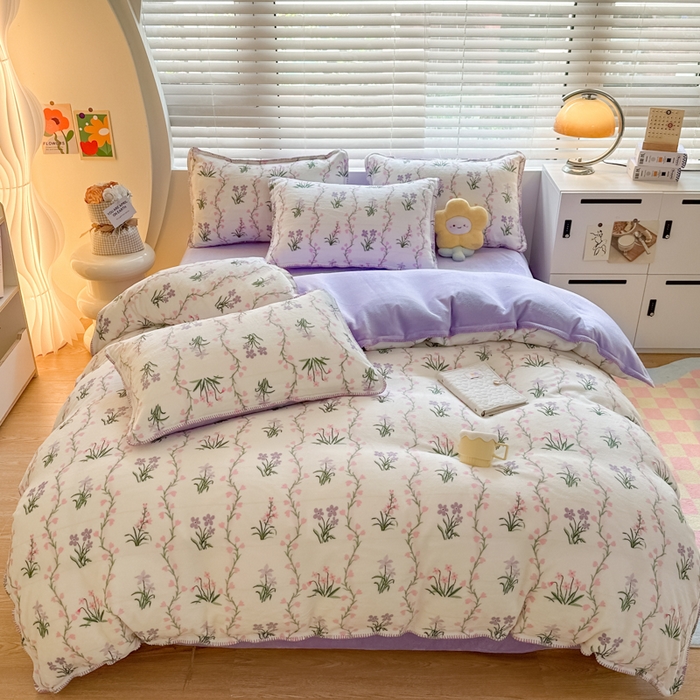 91家纺网 家纺一手货源 找家纺 安哆啦 2024新款高克重牛奶绒混搭四件套 春天里