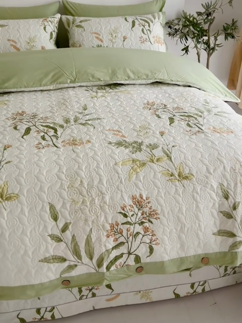 91家纺网 家纺一手货源 找家纺 优乐家纺 2023新款夹棉绗缝套件及单品系列-四件套  晗蕊初开-绿