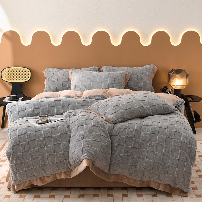 91家纺网 家纺一手货源 找家纺 澳梵家居 2023新款轻奢款宽边塔芙绒四件套 格调-灰