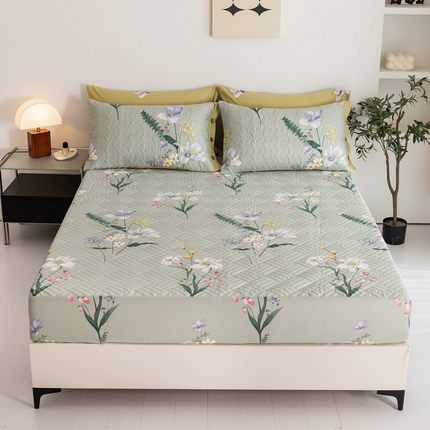 优乐家纺 2023新款夹棉绗缝套件及单品系列-单床笠 晗蕊初开-绿