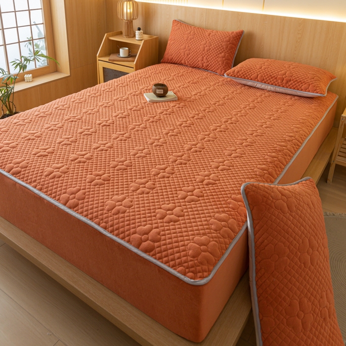 91家纺网 家纺一手货源 找家纺 给笠 2023新款A类夹棉牛奶绒床笠三件套 花漫系列 牛奶绒-花漫桔色