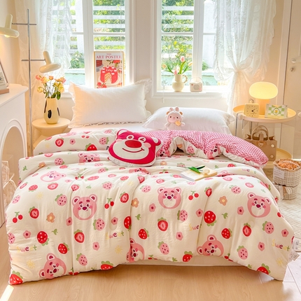 居易简 2025新款水洗棉双层纱豆豆被加绒被子被芯直播豆豆绒被被子被芯冬被春秋被 草莓蛋糕
