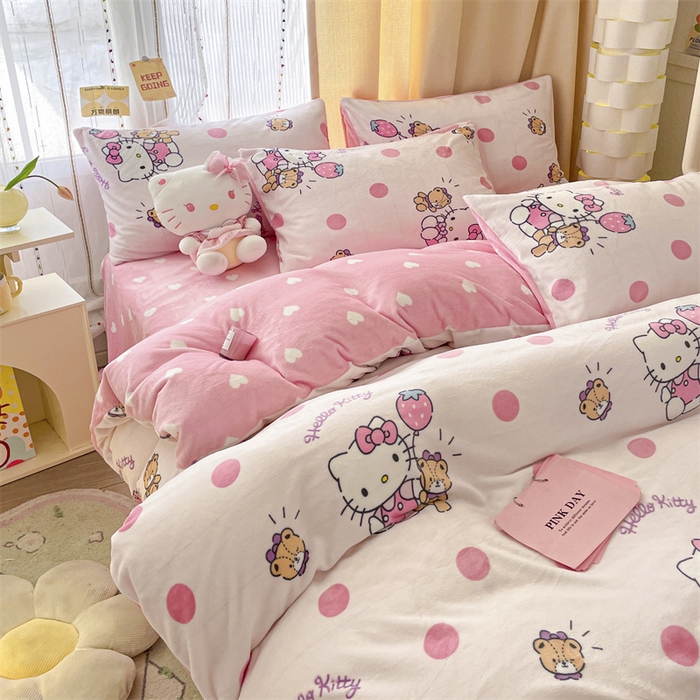 91家纺网 家纺一手货源 找家纺 博雅 2023新款三丽鸥正版授权卡通加厚牛奶绒系列四件套草莓Kitty