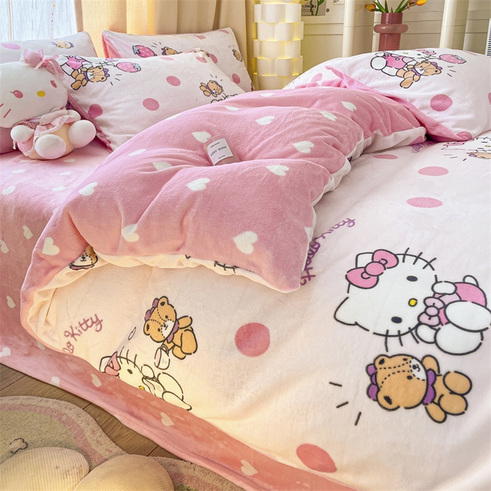 91家纺网 家纺一手货源 找家纺 博雅 2023新款三丽鸥正版授权卡通加厚牛奶绒系列四件套草莓Kitty