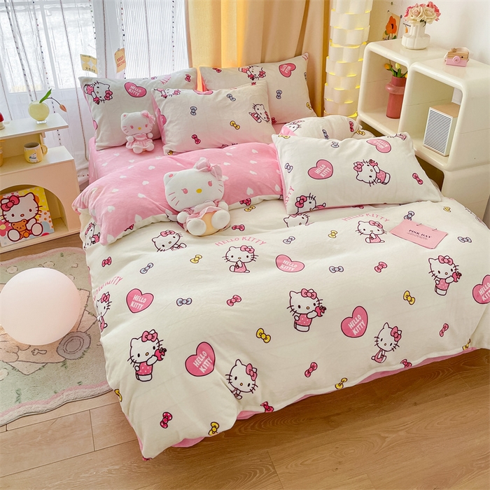 91家纺网 家纺一手货源 找家纺 博雅 2023新款三丽鸥正版授权卡通加厚牛奶绒系列四件套蝴蝶结Kitty