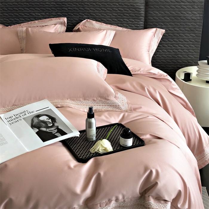 91家纺网 家纺一手货源 找家纺 馨蕊家居 2023新款100支CR工艺全棉四件套-棉莱卡 粉豆沙