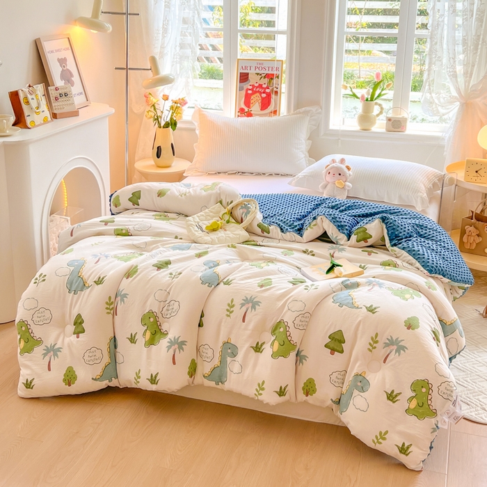 91家纺网 家纺一手货源 找家纺 居易简 2025新款水洗棉双层纱豆豆被加绒被子被芯直播豆豆绒被被子被芯冬被春秋被 恐龙星球