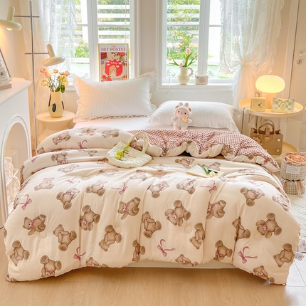 居易简 2025新款水洗棉双层纱豆豆被加绒被子被芯直播豆豆绒被被子被芯冬被春秋被 童话小熊