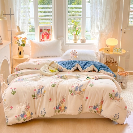 居易简 2025新款水洗棉双层纱豆豆被加绒被子被芯直播豆豆绒被被子被芯冬被春秋被 兔sweet