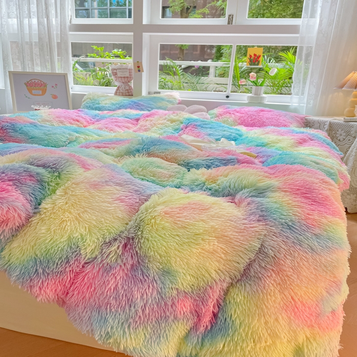 91家纺网 家纺一手货源 找家纺 慕澄家纺 2023新款水貂绒被套盖毯两用毯子 彩虹-粉蓝
