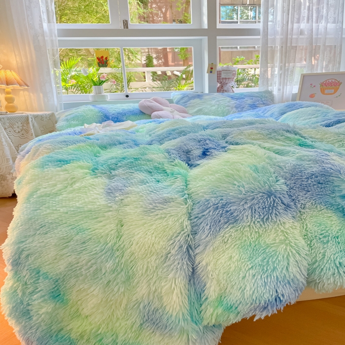 91家纺网 家纺一手货源 找家纺 慕澄家纺 2023新款水貂绒被套盖毯两用毯子 彩虹-蓝绿