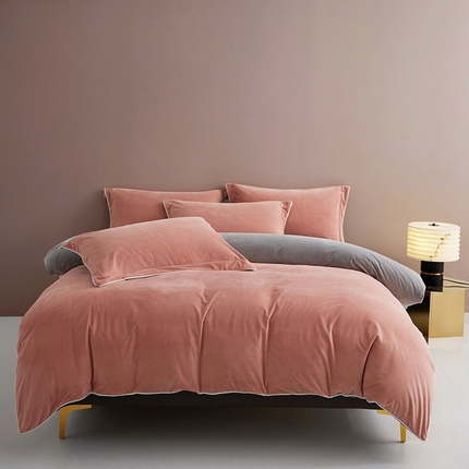 丝涟2023新款轻奢风高克重230g婴儿绒德肤绒亲肤舒适双拼色埋线款滚绳四件套 豆沙粉+浅灰