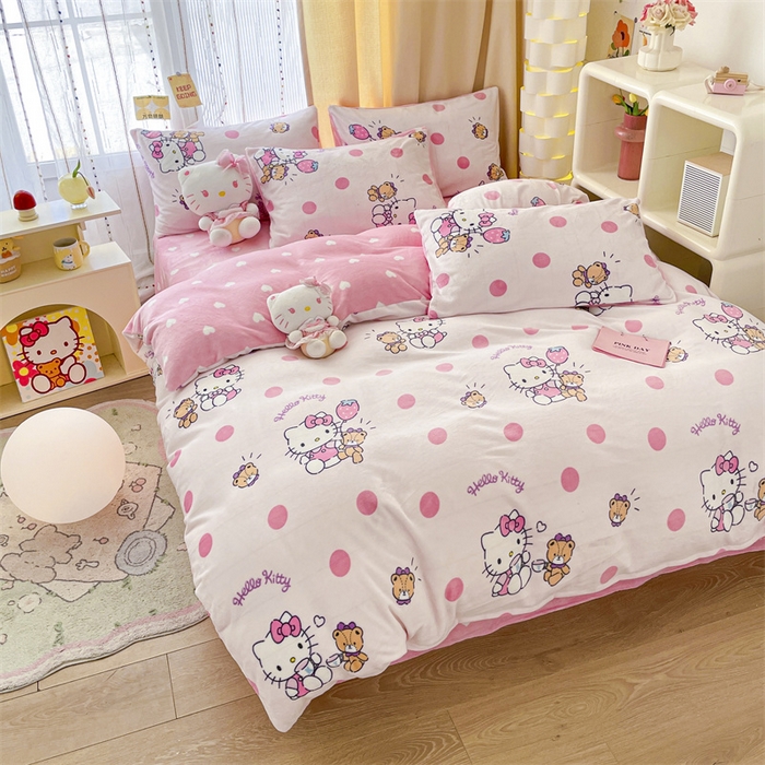 91家纺网 家纺一手货源 找家纺 博雅 2023新款三丽鸥正版授权卡通加厚牛奶绒系列四件套草莓Kitty