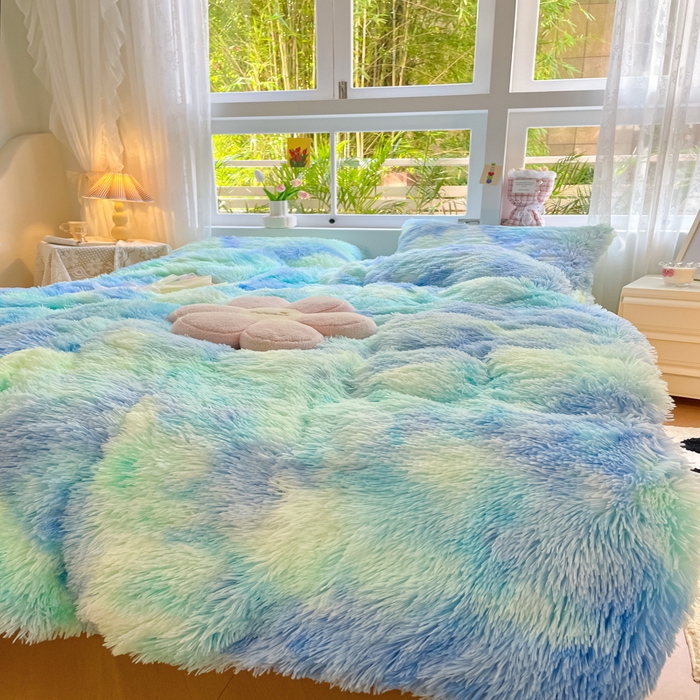 91家纺网 家纺一手货源 找家纺 慕澄家纺 2023新款水貂绒被套盖毯两用毯子 彩虹-蓝绿